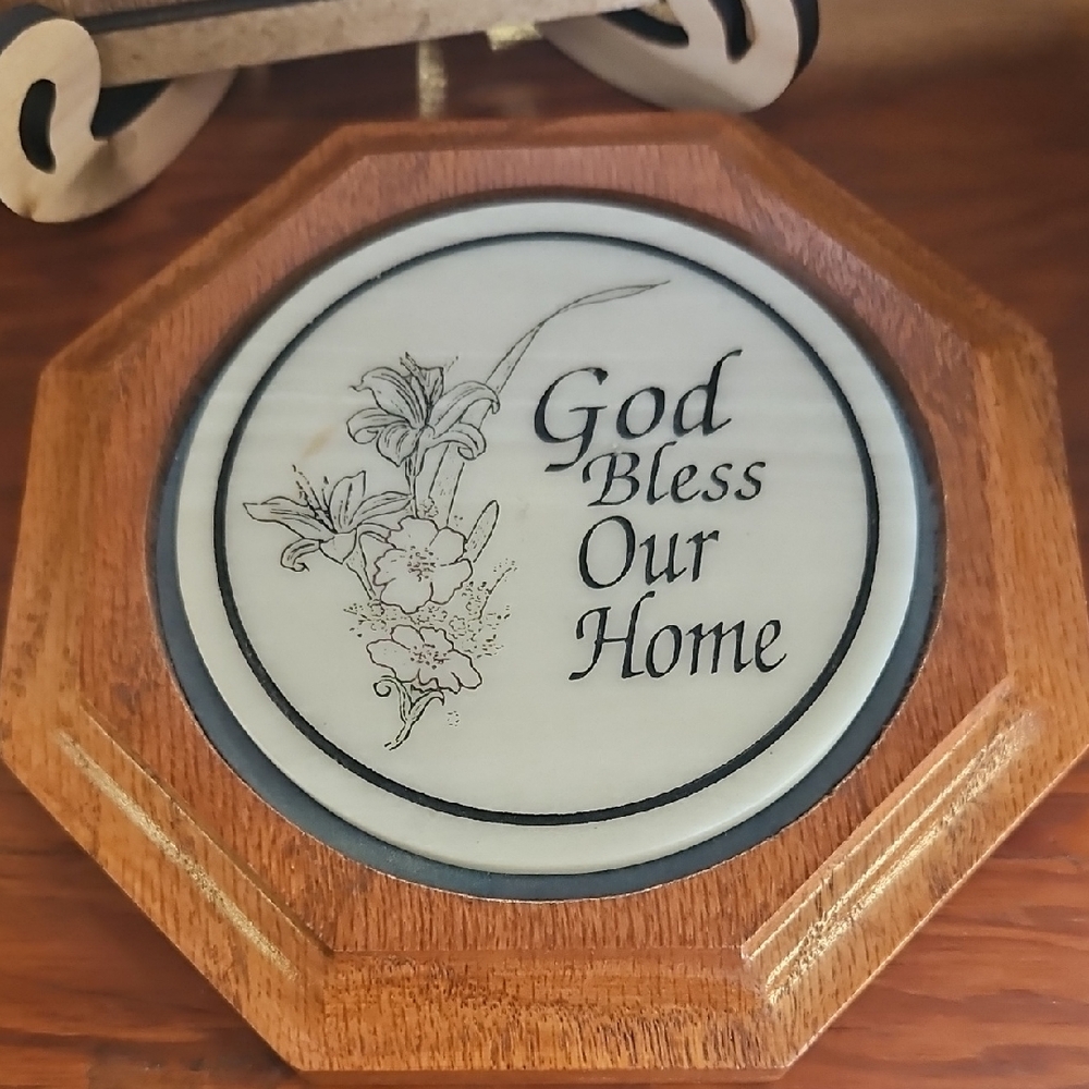 Wooden Octagon Plaque/Wall Decor  "God Bless Our Home" - Floral Accent
